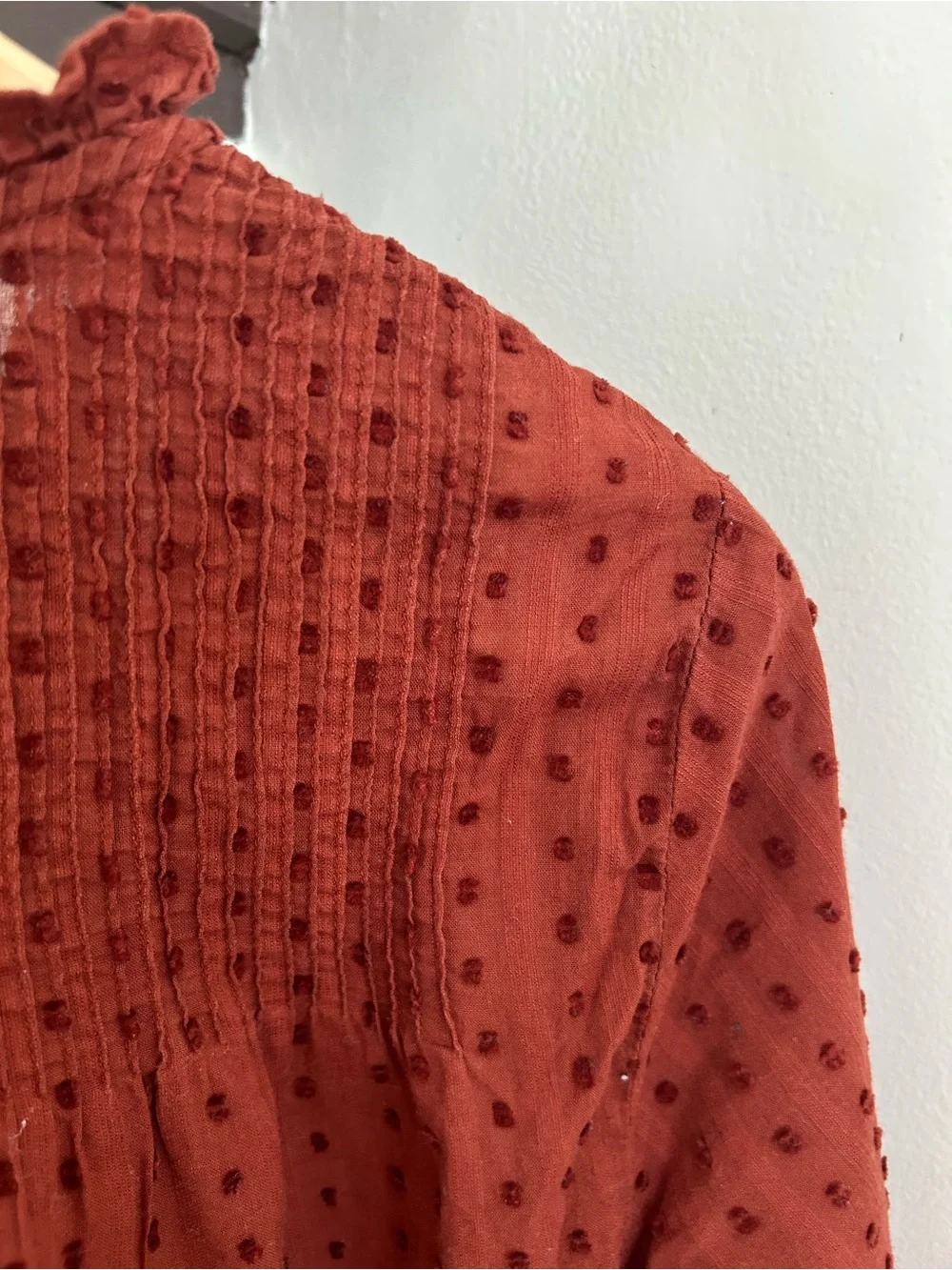J. Crew Point Sur Swiss Dot Ruffle Collar Rust Long-Sleeve Top Size 10